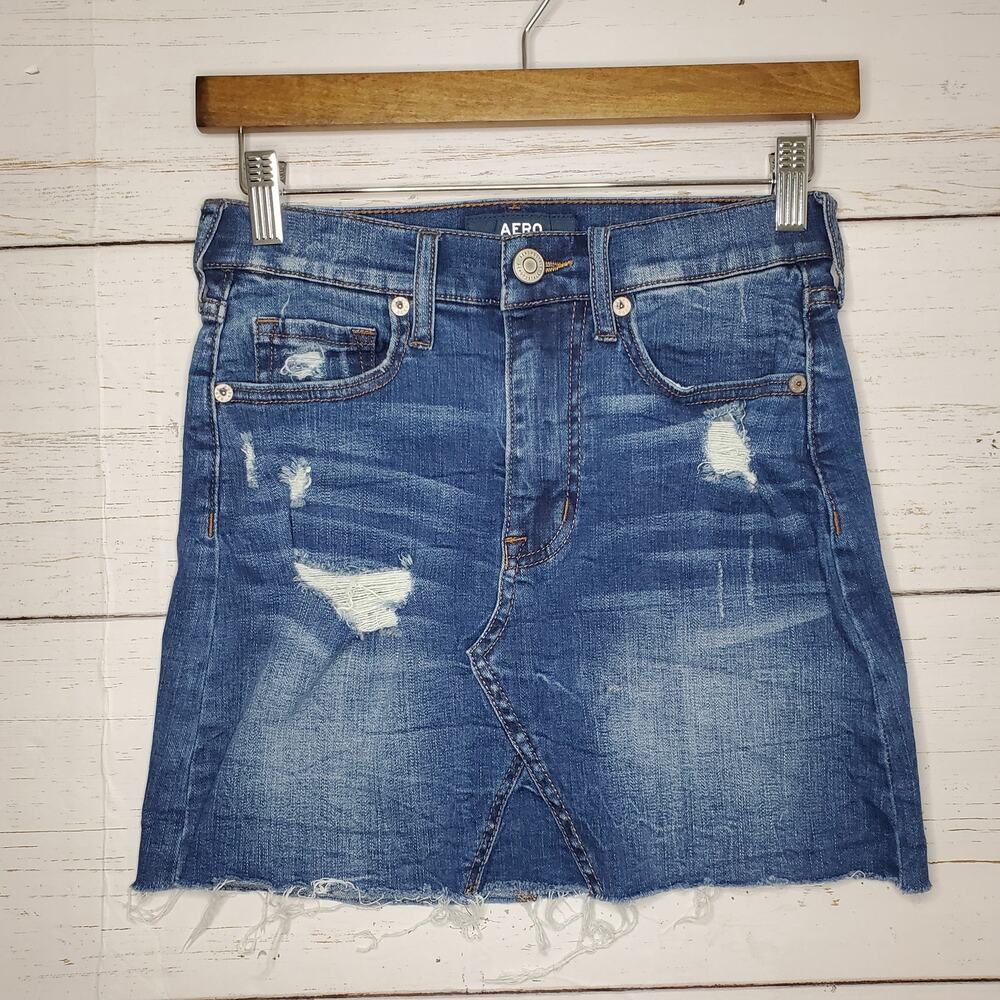 Aeropostale Aero Womens High Rise Distressed Denim Mini Skirt Medium Wash Size 0